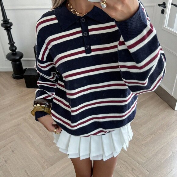 Navy Blue Casual Women's collar Striped knit Sweater top - Picture 6 of 7